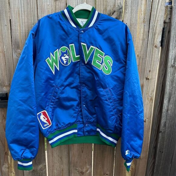 Vintage Minnesota Timberwolves Starter Satin Bomber Jacket XL Blue - Picture 1 of 16